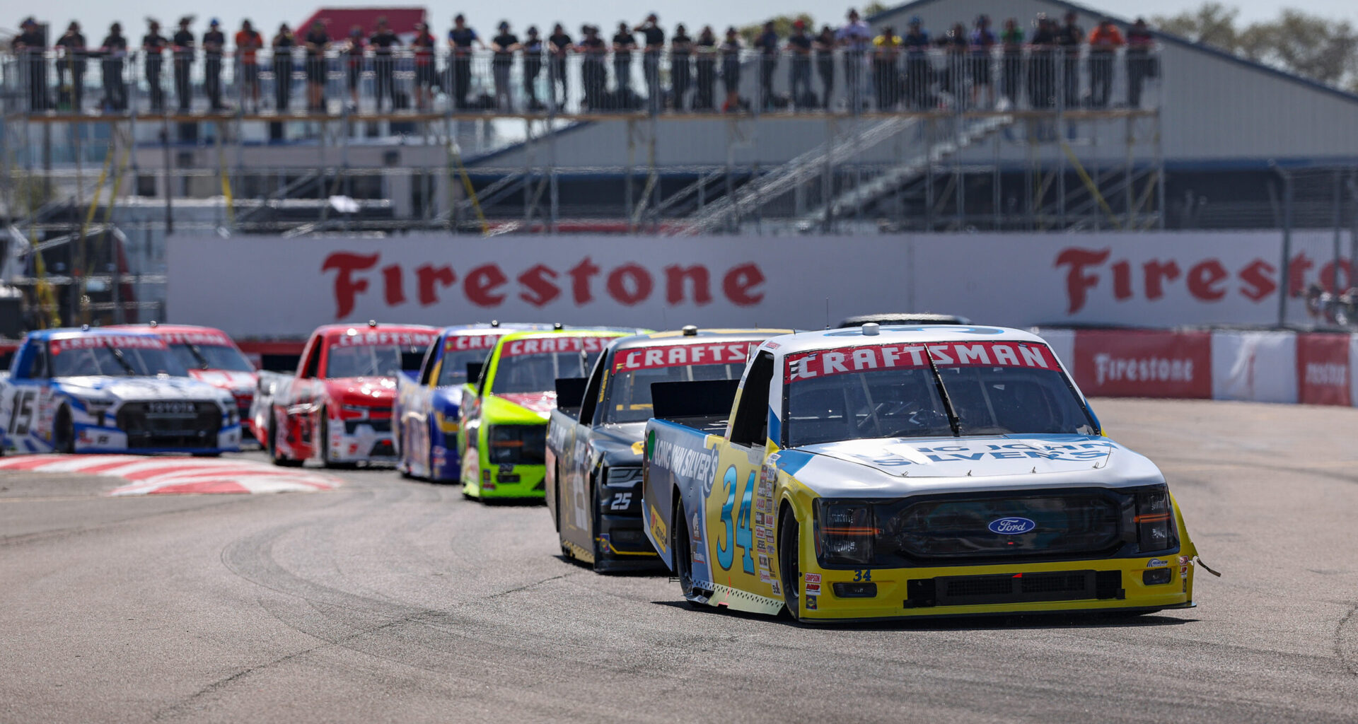 ST PETERSBURG, FLORIDA - FEBRUARY 28: Layne Riggs, driver of the #34 Long John Silver's Ford, drives during the NASCAR Craftsman Truck Series OnlyBulls Green Flag 150 at Grand Prix of St. Petersburg on February 28, 2026 in St Petersburg, Florida.