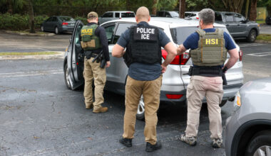 Immigration officers standing next to a car