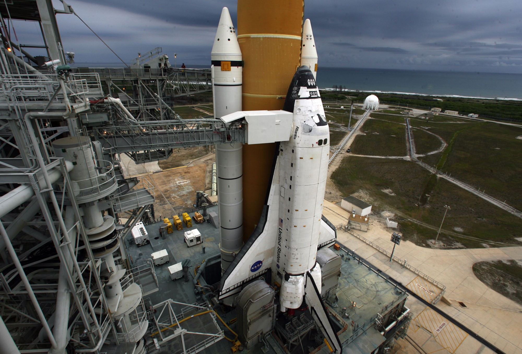 Space shuttle Atlantis, STS-135 sits on launch pad 39A Wednesday,...