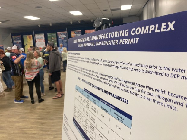 An informational placard details some of the information behind Blue Origin's wastewater permit request, seen during a public hearing put on by the Florida Department of Environmental Protection in Cocoa on Friday, Jan. 30, 2026. (Richard Tribou/Orlando Sentinel)