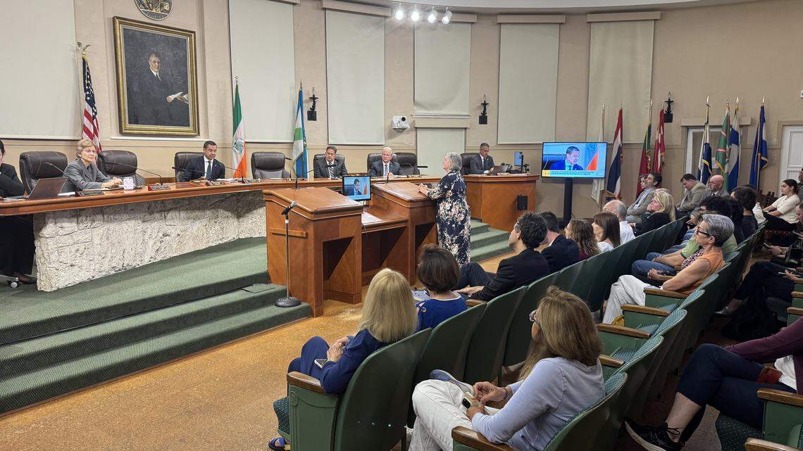 Deena Bell-Llewellyn, assistant director for Coral Gables Greenspace Management Division of Public Works, tells commissioners the proposed plans for a dog park near the city’s library on Tuesday, Nov. 18, 2025.