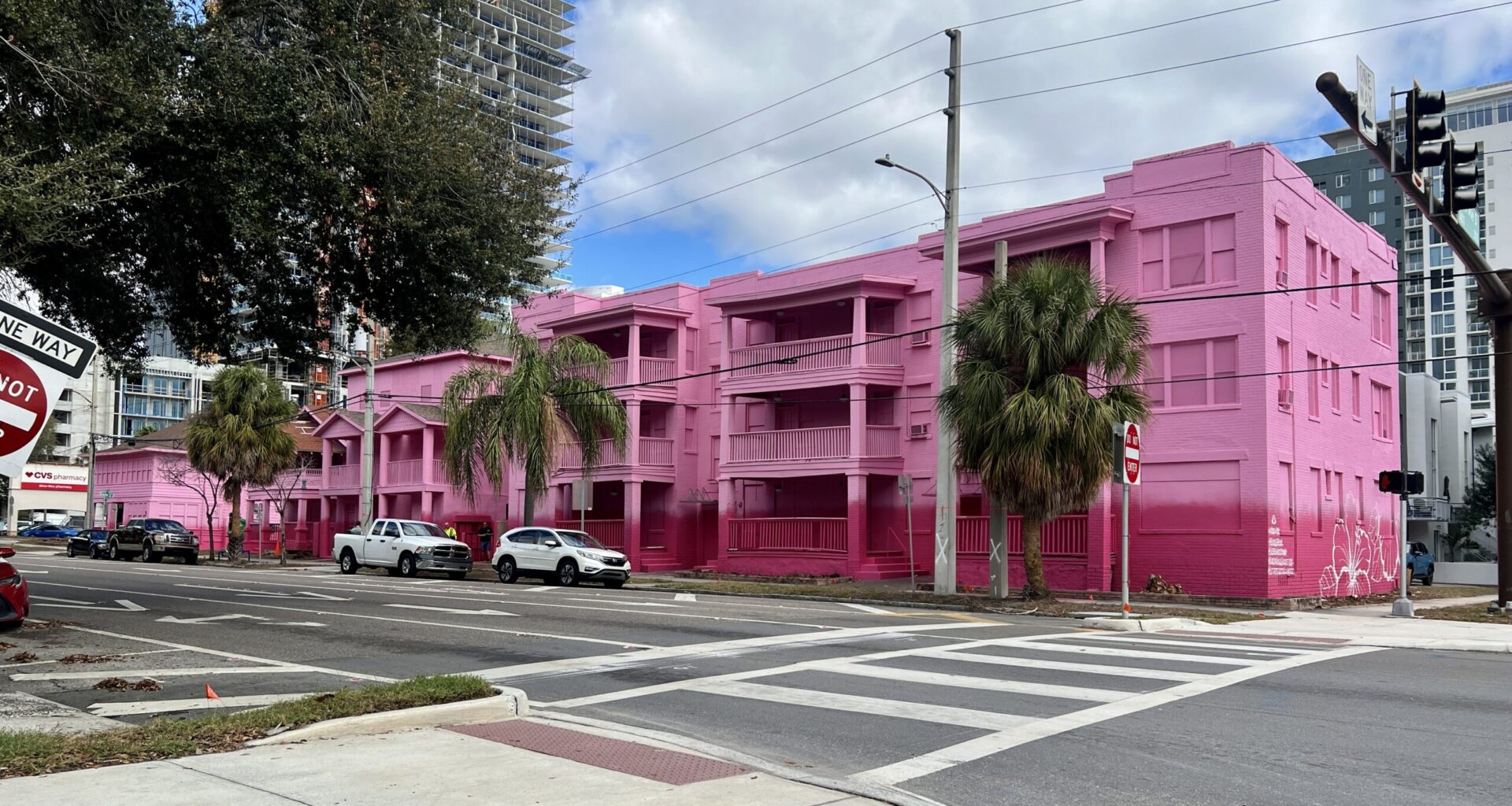 Buildings get the pink treatment ahead of tower construction