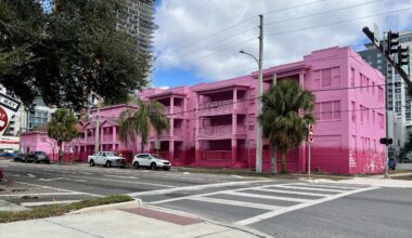 Buildings get the pink treatment ahead of tower construction