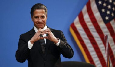 Miami-Dade Public Schools Superintendent Alberto Carvalho reacts after a video tribute during his final meeting at the Miami-Dade County School Board administration building in Miami, Florida on Wednesday, February 9, 2022.