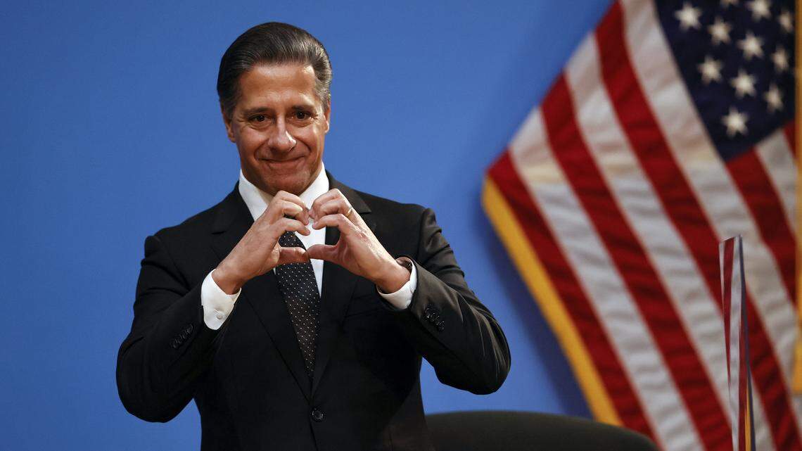 Miami-Dade Public Schools Superintendent Alberto Carvalho reacts after a video tribute during his final meeting at the Miami-Dade County School Board administration building in Miami, Florida on Wednesday, February 9, 2022.
