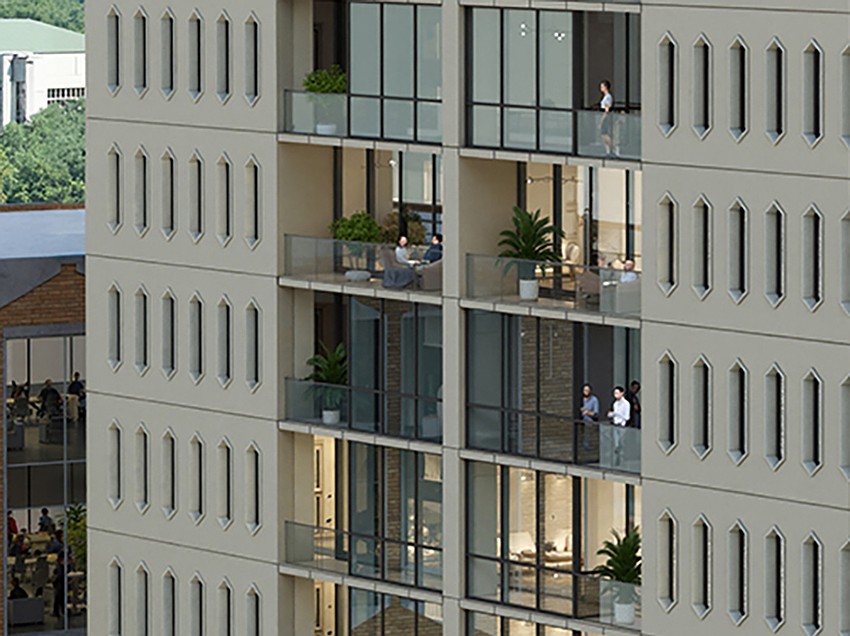 Plans for The Jewel at 21 West include 180 residential units. A rendering of the project shows some units with balconies.