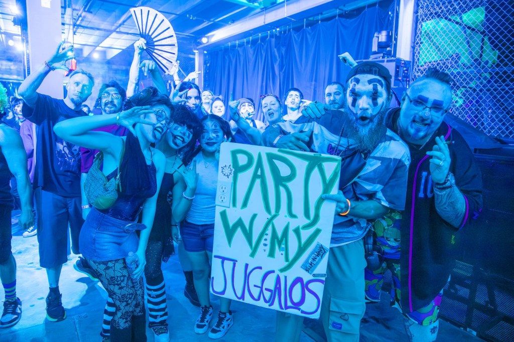 Photos of a group of people with their faces painted at the Juggalo Weekend in Miami