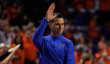 Feb 14, 2026; Gainesville, Florida, USA; Kentucky Wildcats guard Denzel Aberdeen (1) drives to the basket past Florida Gators guard Boogie Fland (0) during the first half at Exactech Arena at the Stephen C. O'Connell Center. Mandatory Credit: Matt Pendleton-Imagn Images