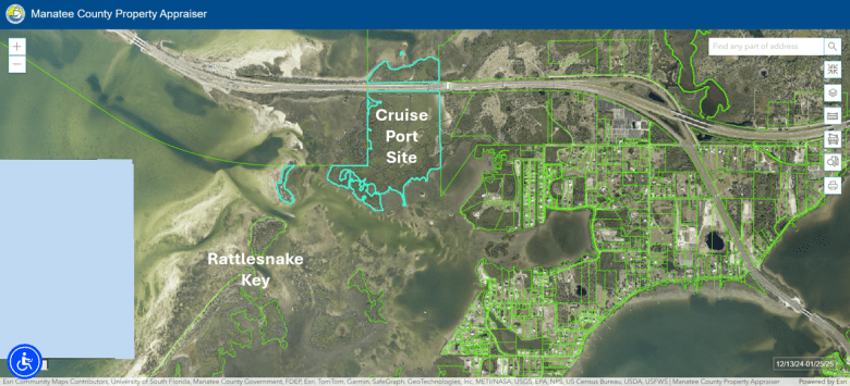 An aerial satellite map from the Manatee County Property Appraiser showing a coastal region with green property line overlays. A large green-outlined area in the center is labeled "Cruise Port Site." To the southwest, another outlined coastal area is labeled "Rattlesnake Key." A major highway runs horizontally across the top of the map, and a blue navigation sidebar is visible on the left.