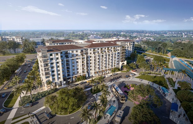 Renderings illustrate Link at Boca, a mixed-use project rising next to the Boca Raton Tri-Rail station. The development will feature an eight-story tower with 340 residences along with 24,000 square feet of retail. (Courtesy/13th Floor Investments) 