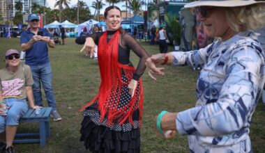 Flamenco dancer Monika Lange with Luna Cale USA, center, dances with Tara Garcia, 81, right, during her performance at the 62nd Coconut Grove Festival. The 62nd Coconut Grove Arts Festival returned to the Coconut Grove waterfront over Presidents Day weekend. Centered at Regatta Park in Dinner Key Marina overlooking Biscayne Bay, the festival spanned McFarlane Road, Pan American Drive and South Bayshore Drive, where the works of more than 275 artists were on display on Sunday, February 15, 2026, in Miami, Florida.