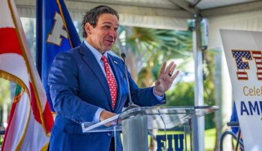 Florida Gov. Ron DeSantis speaks during the unveiling ceremony of a statue of former President Ronald Reagan at Florida International University on Feb. 6, 2026.