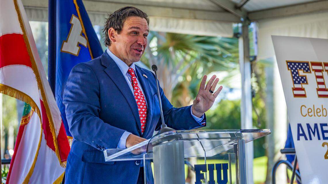 Florida Gov. Ron DeSantis speaks during the unveiling ceremony of a statue of former President Ronald Reagan at Florida International University on Feb. 6, 2026.