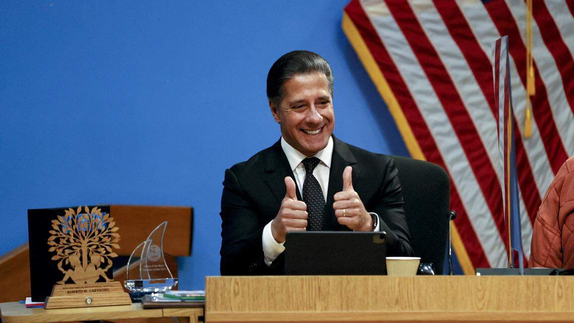 Miami-Dade Public Schools Superintendent Alberto Carvalho reacts during his final meeting at the Miami-Dade County school board administration building on Wednesday, Feb. 9, 2022. On Wednesday, Feb. 25, 2026, the FBI raided his LA office and home. He is now the superintendent of the Los Angeles school district.