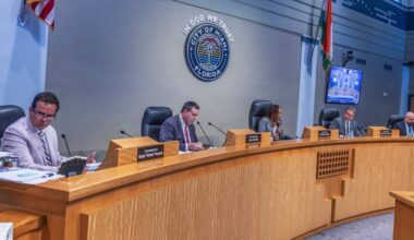 From left-City of Miami Commissioners Ralph "Rafael" Rosado, Vice Chairman Joe Carollo, Chairwoman Christine King, Miguel Angel Gabela and Damian Pardo, during a Commission meeting to discuss the proposed sale of the Olympia Theater at the Gusman Center for the Performing Arts' entire building to a public charter school, called Sports Leadership Arts Management, (SLAM), at City Hall, on Thursday September 25, 2025.
