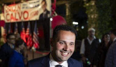 Newly elected Hialeah Mayor Bryan Calvo speaks with the media after defeating Interim Mayor Jackie Garcia-Roves during his election night party at Hialeah Park Casino on Tuesday, Nov. 4, 2025, in Hialeah, Fla.