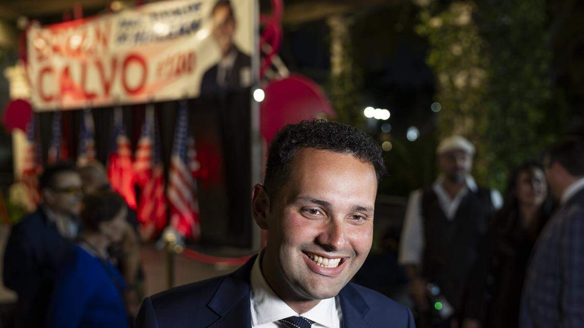 Newly elected Hialeah Mayor Bryan Calvo speaks with the media after defeating Interim Mayor Jackie Garcia-Roves during his election night party at Hialeah Park Casino on Tuesday, Nov. 4, 2025, in Hialeah, Fla.