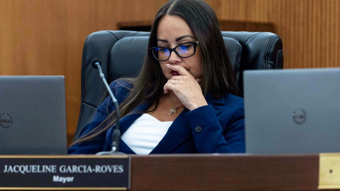 Mayor Jacqueline Garcia-Roves looks on during a city council meeting on Tuesday, May 13, 2025, at city hall in Hialeah, Fla.