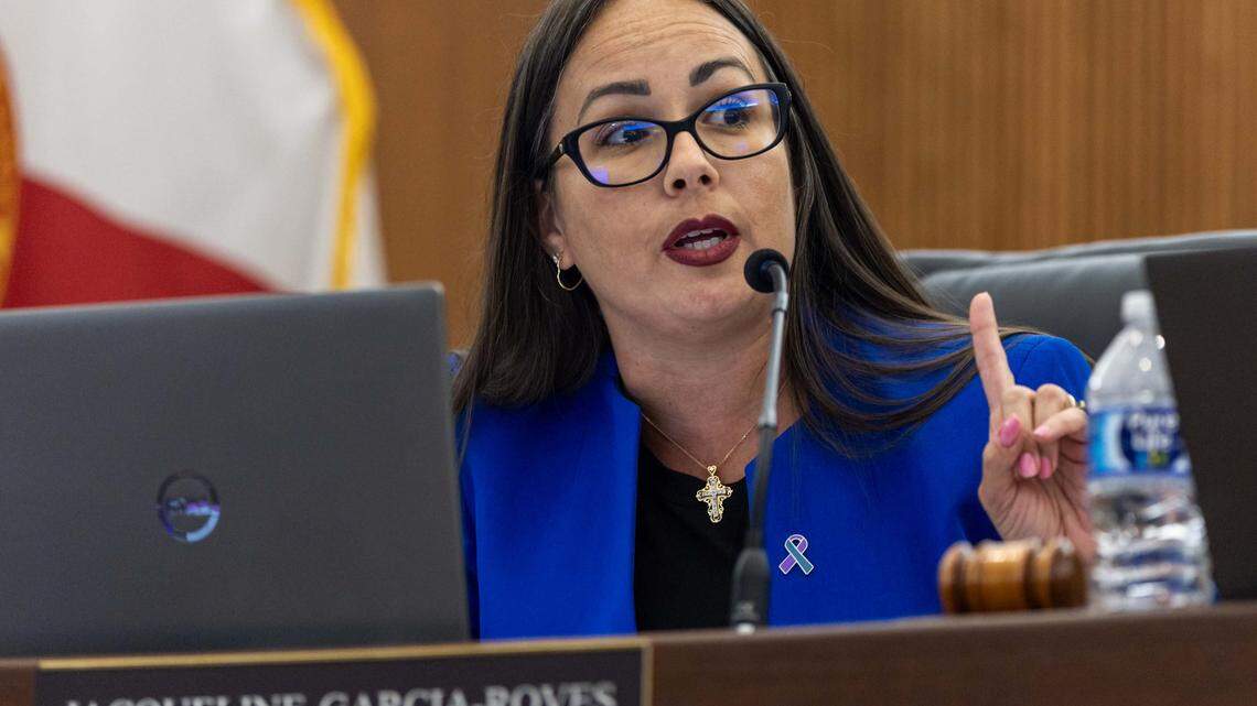 Interim Mayor Jacqueline Garcia-Roves speaks during a city budget council meeting at Hialeah City Hall on Monday, September 15, 2025, in Hialeah, Fla.