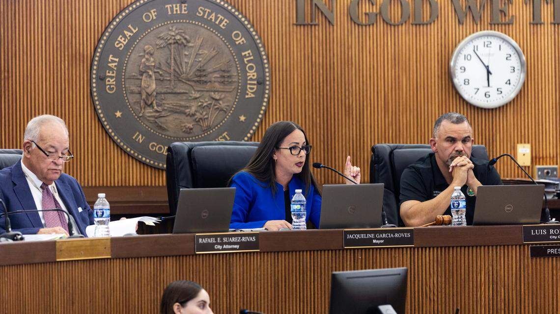 Interim Mayor Jacqueline Garcia-Roves speaks during a city budget council meeting at Hialeah City Hall on Monday, September 15, 2025, in Hialeah, Fla.