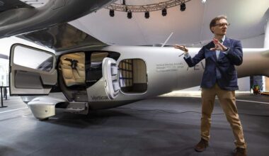 Michael Cervenka, chief commercial and strategy officer at Vertical Aerospace, gives a tour of his company's Valo, a next-generation electric aircraft, during a public display event at Collins Park on Tuesday, Feb. 24, 2026, in Miami Beach, Fla. The aircraft can fly up to 100 miles at speeds of up to 150 mph, features a panoramic window, has cabin space for up to six passengers and uses all-electric propulsion. The company says passengers will be able to travel from Miami to Fort Lauderdale in about 13 minutes.