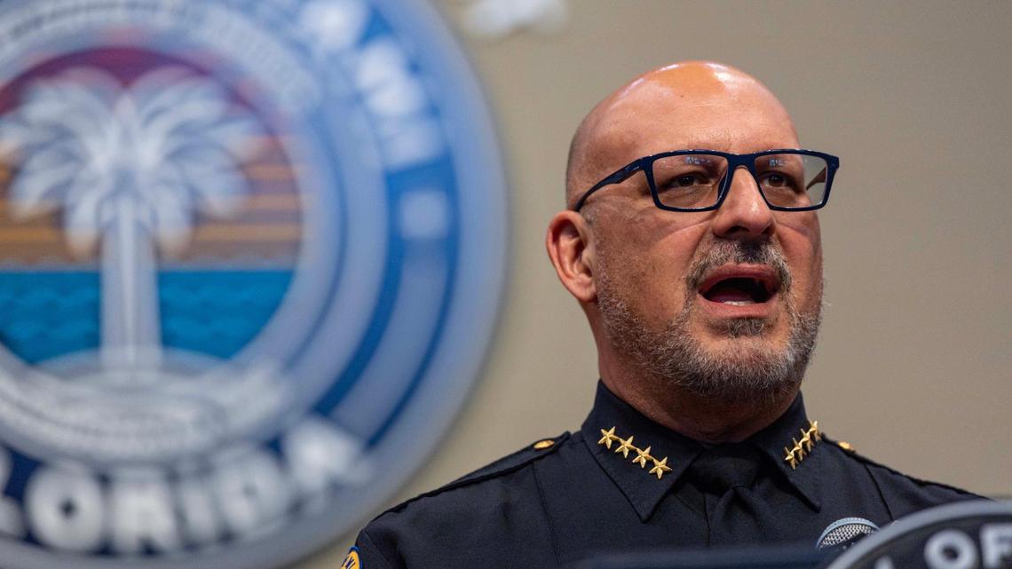 Miami Police Chief Manuel A. Morales speaks to the media during a press conference discussing mid-year crime stats on Thursday, July 17, 2025, in Miami.