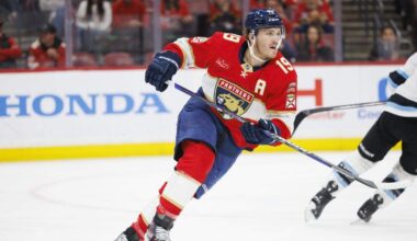 Florida Panthers left wing Matthew Tkachuk (19) looks down the ice during the first period of a game against the Utah Mammoth on Tuesday, Jan. 27, 2026, at Amerant Bank Arena in Sunrise, Fla.