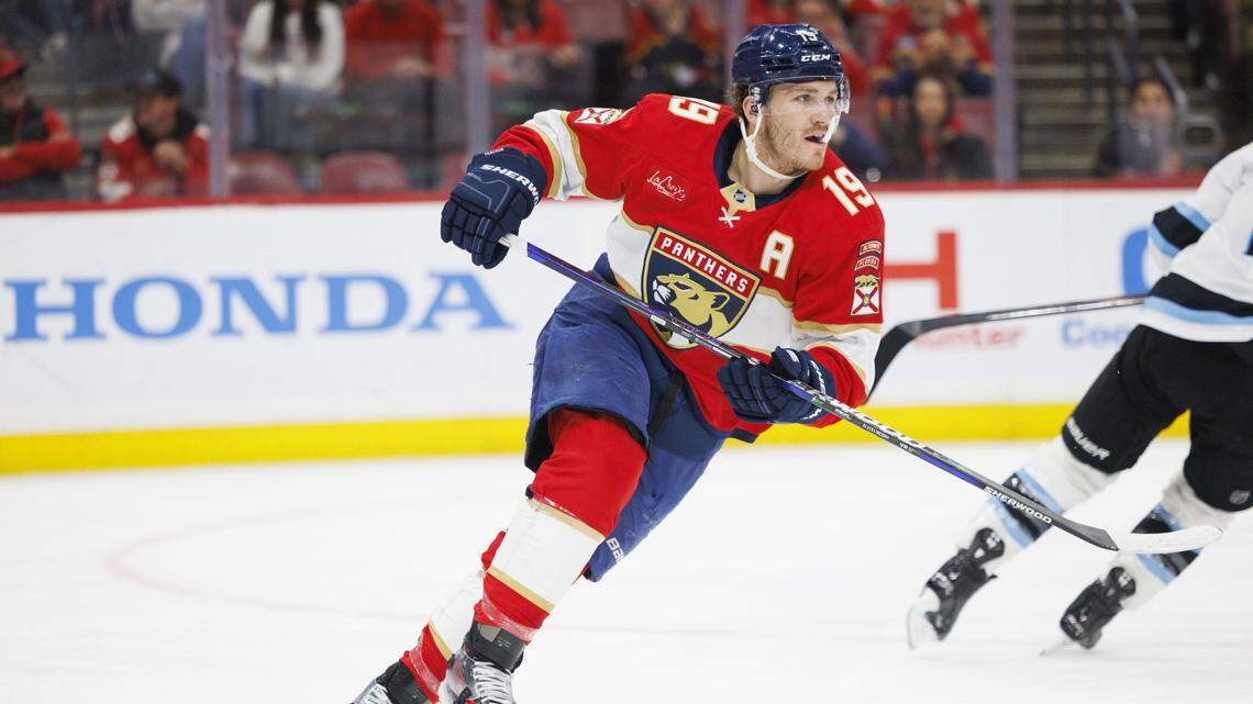 Florida Panthers left wing Matthew Tkachuk (19) looks down the ice during the first period of a game against the Utah Mammoth on Tuesday, Jan. 27, 2026, at Amerant Bank Arena in Sunrise, Fla.