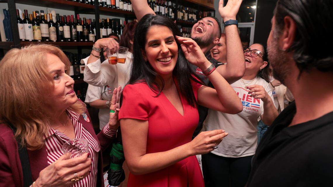 Gelien Perez celebrates with supporters, family and friends after winning the group 3 seat of the Hialeah City Council runoff election on Tuesday, Dec. 9, 2025, at Trigo Cafe Tapas Wine at 839 W 49th St. in Hialeah, Fla.