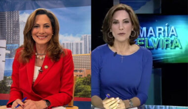side by side photos of Maria Elvira Salazar. She is smiling on the left sitting at a desk wearing a red suite. She is standing before a background of Miami skyline. The photo on the right is her when she was a journalist at CNN. She is wearing a a large cross necklace, a long sleeve blue shirt, and hoops. The TV in the background says Maria Elvira.