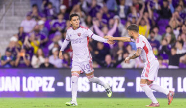 Image of Eduard Atuesta and Marco Pasalic celebrating Atuesta's free kick goal in preseason against Colorado.