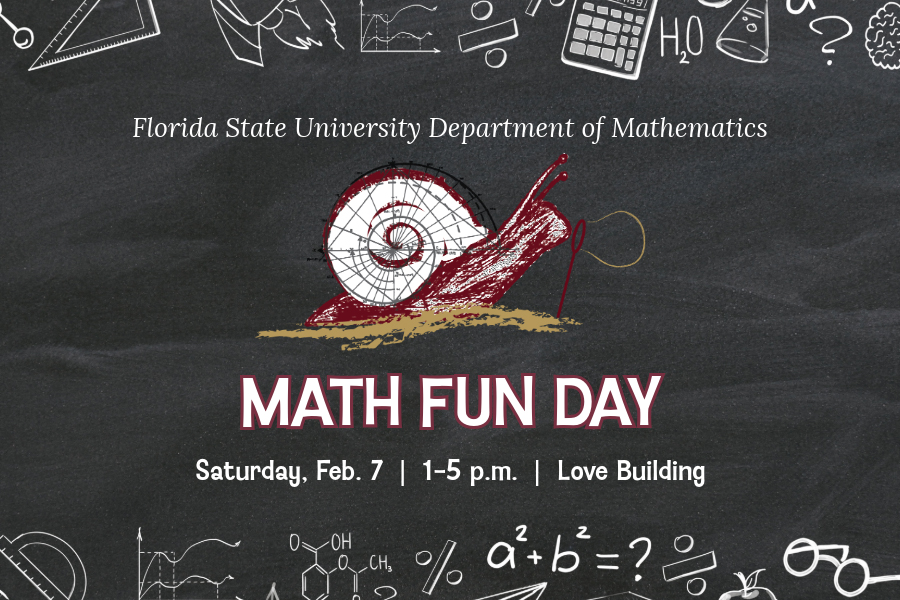 Poster with text: Florida State University Department of Mathematics, Math Fun Day, Saturday, Feb. 7, 1-5 p.m., Love Building