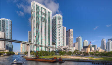 skyscrapers stand behind a waterway dotted with boats