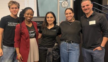 Miami Palmetto Senior High School held a scholarship workshop with Reach for the Stars Scholarship fundholders. Pictured are Nelson Barreto, student engagement intern at The Miami Foundation; Michelle Shirley, CEO of Be Strong International; Stephanie Silva, scholarships manager at The Miami Foundation; Jamie Kolnick, Reach for the Stars Scholarship fundholder; and Michael Epstein, Reach for the Stars Scholarship fundholder.