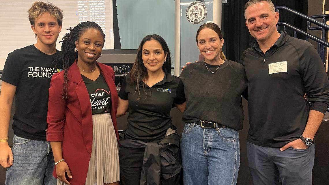Miami Palmetto Senior High School held a scholarship workshop with Reach for the Stars Scholarship fundholders. Pictured are Nelson Barreto, student engagement intern at The Miami Foundation; Michelle Shirley, CEO of Be Strong International; Stephanie Silva, scholarships manager at The Miami Foundation; Jamie Kolnick, Reach for the Stars Scholarship fundholder; and Michael Epstein, Reach for the Stars Scholarship fundholder.