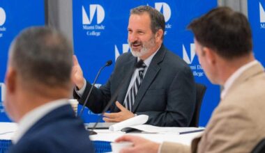 Michael Bileca, chairman of the Board of Trustees at Miami Dade College, at the board’s meeting at the Kendall campus on Feb. 17, 2026.  Bileca owns the charter-school company True North Classical Academy.