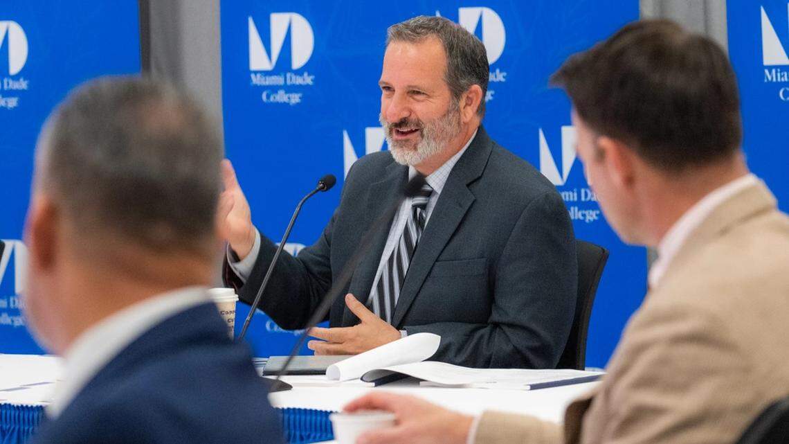 Michael Bileca, chairman of the Board of Trustees at Miami Dade College, at the board’s meeting at the Kendall campus on Feb. 17, 2026.  Bileca owns the charter-school company True North Classical Academy.