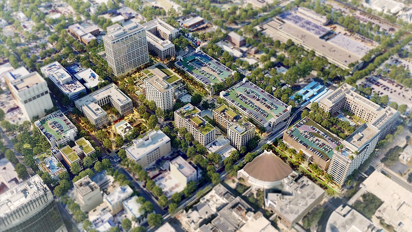 An aerial rendering of the Pearl Square area of Downtown Jacksonville.