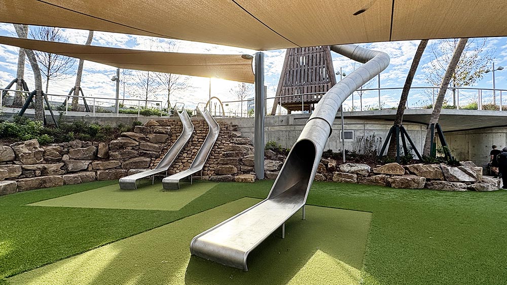 Slides and play equipment at Riverfront Plaza