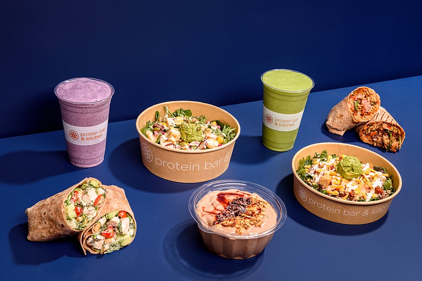 The menu includes breakfast scrambles and burritos; lunch and dinner bowls, burritos and chili; salads and wraps; protein shakes, smoothies, smoothie bowls and parfaits; coffee and lattes; and a kids menu.