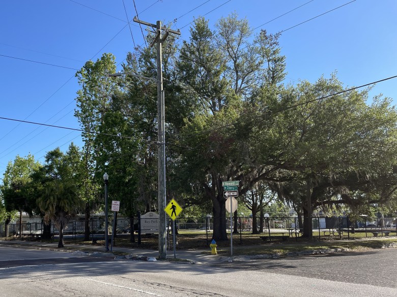 A daytime street-level view of Rey Park in Tampa. The scene features a corner intersection with a yellow pedestrian crossing sign and a street sign for Howard and Cherry. Large, mature oak trees with hanging Spanish moss shade the park, which is enclosed by a black chain-link fence. In the background, park benches and a small white sign for the park are visible under a clear blue sky.