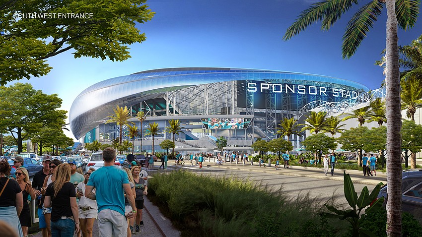 The Gate 1 entrance to EverBank Stadium at its southwest corner is shown in a rendering of the completed 