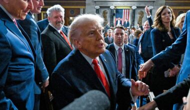 President Donald Trump exits the House Chamber after delivering the State of the Union address to a joint session of Congress in the House chamber at the U.S. Capitol in Washington, Tuesday, Feb. 24, 2026. (Kenny Holston/The New York Times via AP, Pool)