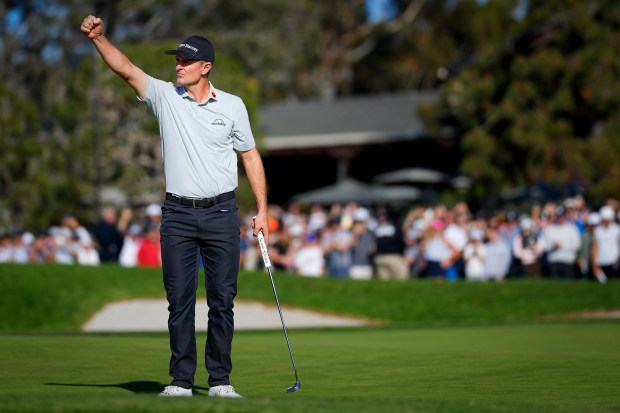 Justin Rose reacts after winning the Farmers Insurance Open at Torrey Pines South Course on Sunday, Feb. 1, 2026 in San Diego, California. (Meg McLaughlin / The San Diego Union-Tribune)