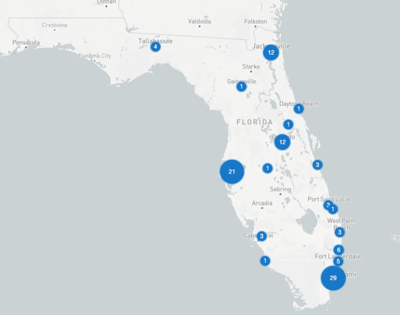 A map of Florida with bubbles representing groups of data centers. The largest groups are in Miami and Tampa.