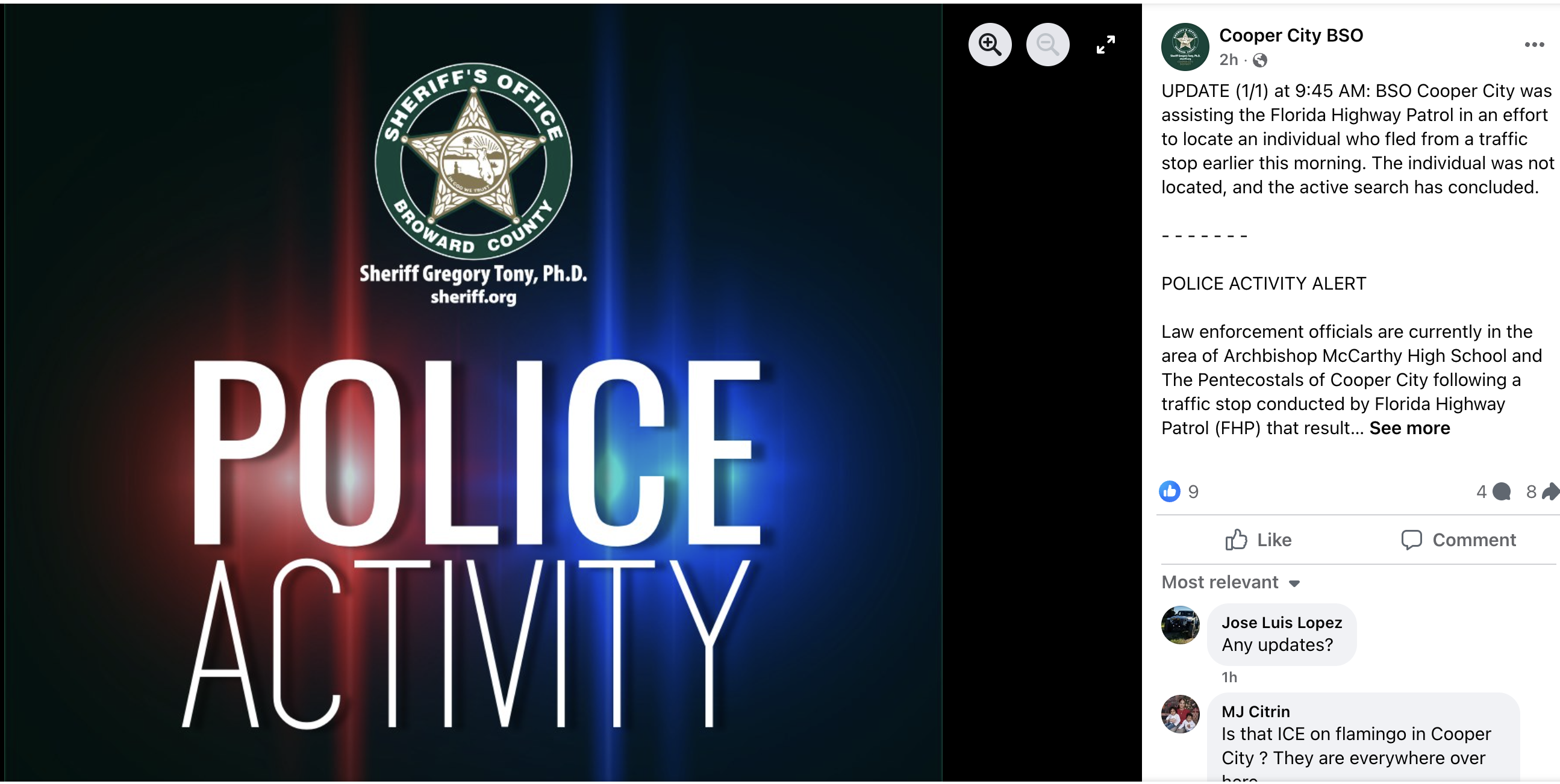 a screenshot of Facebook Broward Sheriff Office reporting police activity