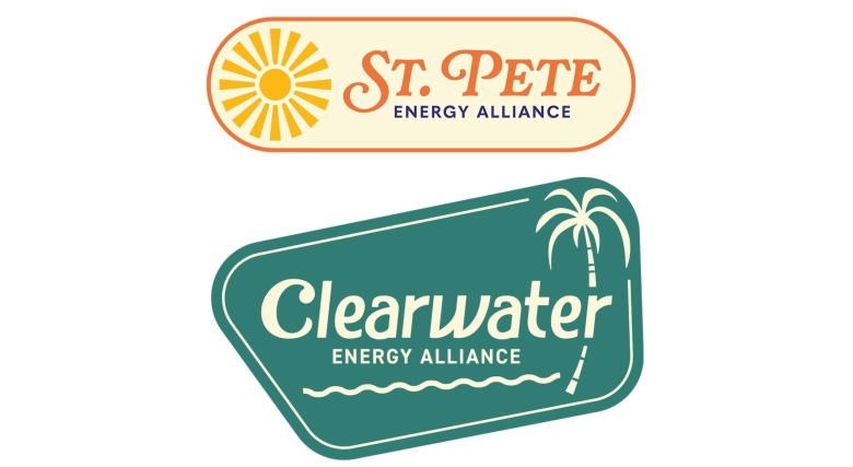 wo logos displayed vertically against a white background. The top logo is a horizontal oval with an orange border featuring a yellow sun icon and the text "ST. PETE ENERGY ALLIANCE" in a mix of orange cursive and blue sans-serif fonts. The bottom logo is a teal, retro-style sign shape featuring a cream-colored palm tree icon, a wavy line, and the text "Clearwater ENERGY ALLIANCE" in cream-colored serif and sans-serif fonts.