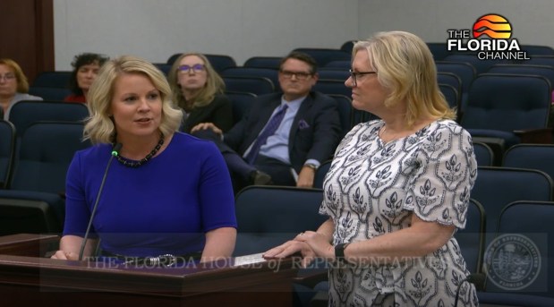 State Rep. Jenna Persons-Mulicka, R-Fort Myers, left, presents legislation that would make several changes to Florida election law, including limiting the use of ExpressVote early voting used by Palm Beach County, to the House Government Operations Subcommittee on Feb. 5, 2026. State Rep. Dana Trabulsy, R-Fort Pierce, looks on. Between them, watching from the audience, is Florida Secretary of State Cord Byrd. (Florida Channel/courtesy)