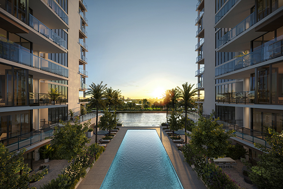 A rendering shows the lap pool that will be situated between the two towers at the proposed Ritz-Carlton Residences Fort Lauderdale Beach. (The Boundary/Courtesy)