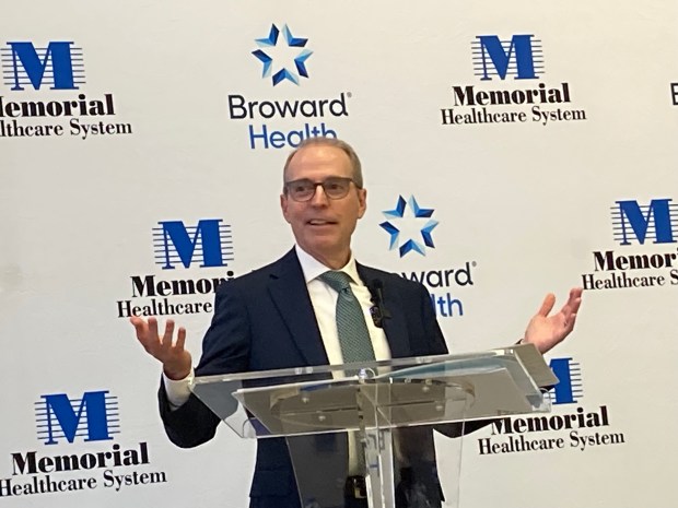 Shane Strum, CEO of the Broward Health system and interim CEO of the Memorial Healthcare System, briefs the Broward Legislative Delegation about legislation that would allow the agencies to more fully cooperate. Legislators met at the Memorial Regional Hospital Conference Center in Hollywood on Oct. 27, 2025. (Anthony Man/South Florida Sun Sentinel)